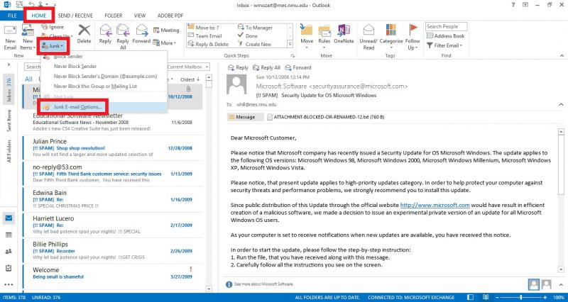 how to make span go to junk folder in outlook 2016