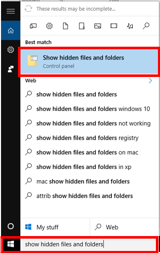 hidden file finder windows 10