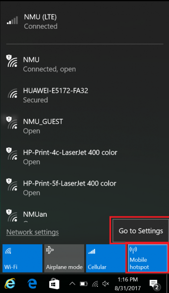 WiFi, Cellular, and Mobile hotspot are now on.