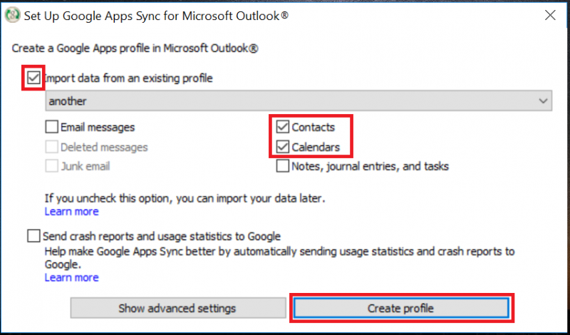 setting up google apps sync for outlook 2016