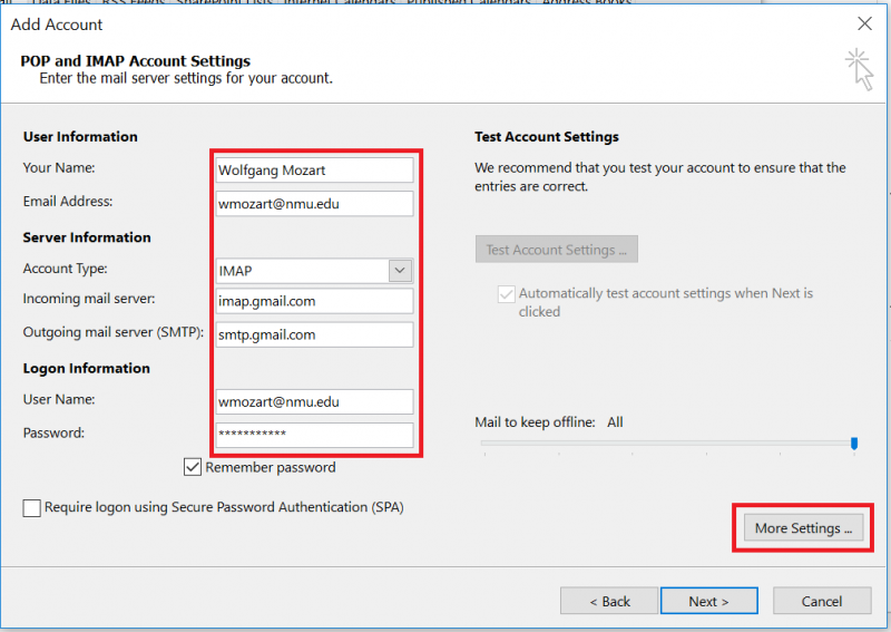 a gmail account to Outlook using IMAP | Technical