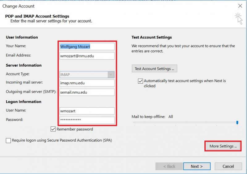 imap acct email setup for outlook