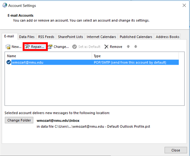 repair outlook profile windows 10